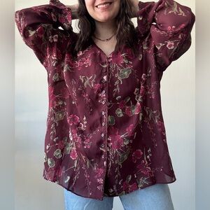 Venezia y2K Burgundy Floral Sheer Button-Up Blouse